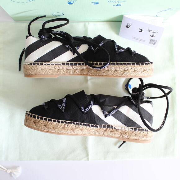 Off-White c/o Virgil Abloh Black & White Canvas Striped Lace-Up Espadrille Flat - Picture 10 of 16